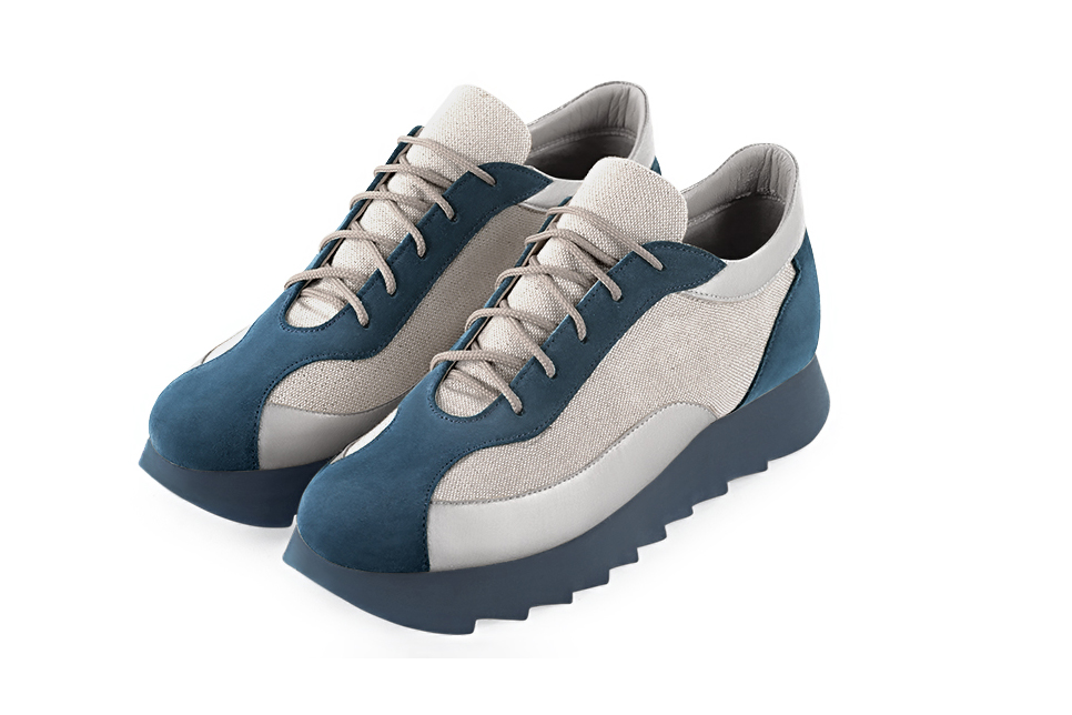 Peacock blue and light silver women's two-tone elegant sneakers. Round toe. Low rubber soles. Front view - Florence KOOIJMAN